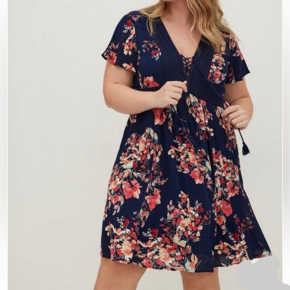 Torrid Acas Blue Floral Gauze Two Side Pocket Skate Dress